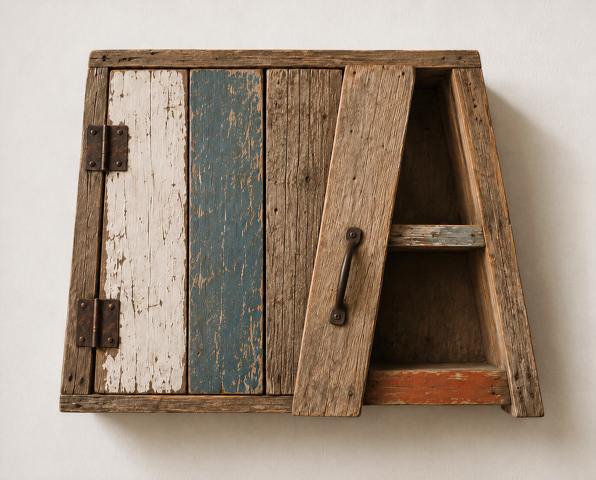 Fictional reclaimed timber cabinet with peeling white and blue paint, slanted door, rusted hinges and driftwood-like construction — synthographic artwork by davidname.
