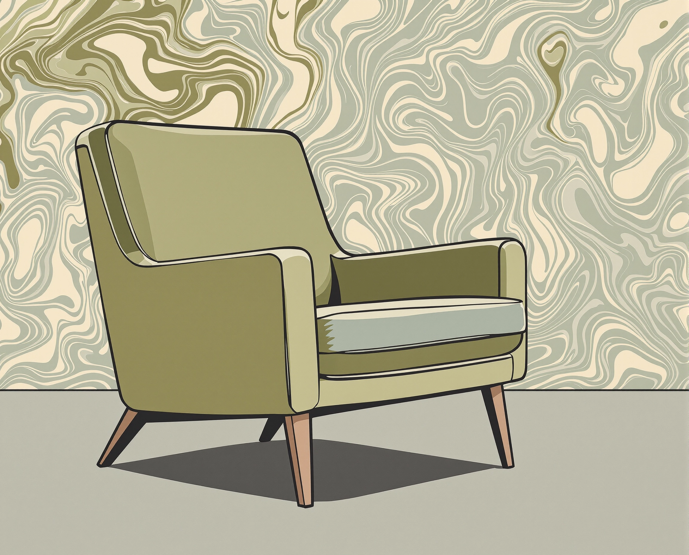 Thumbnail of mid-century armchair with swirling background - synthographic artwork by davidname.