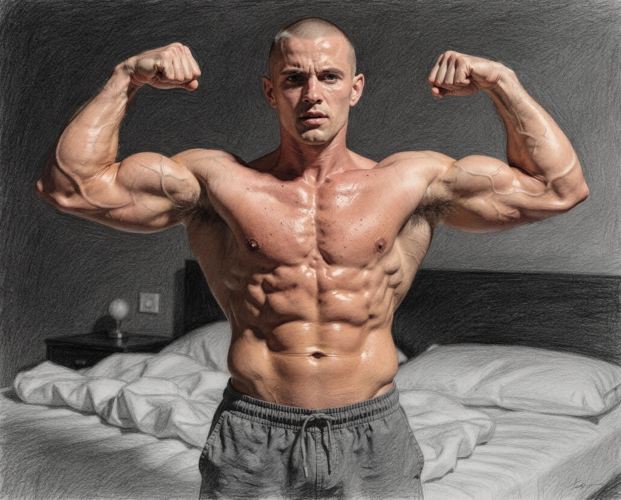 Shirtless muscular man in grey shorts flexing both biceps in a dark bedroom — synthographic artwork by davidname.