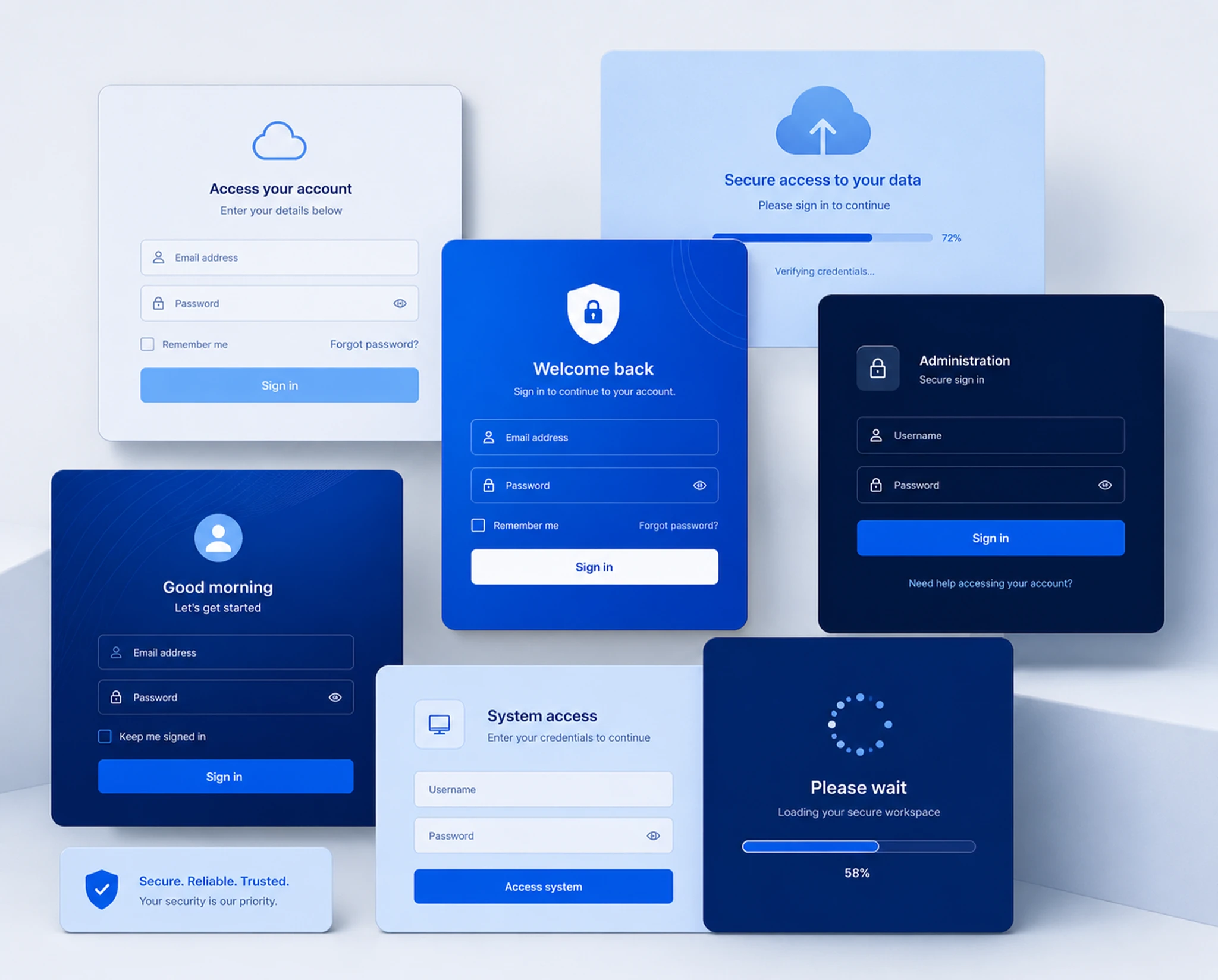 Cluster of blue login panels, system access screens and cloud interface popups arranged as a calm digital composition — synthographic artwork by davidname.