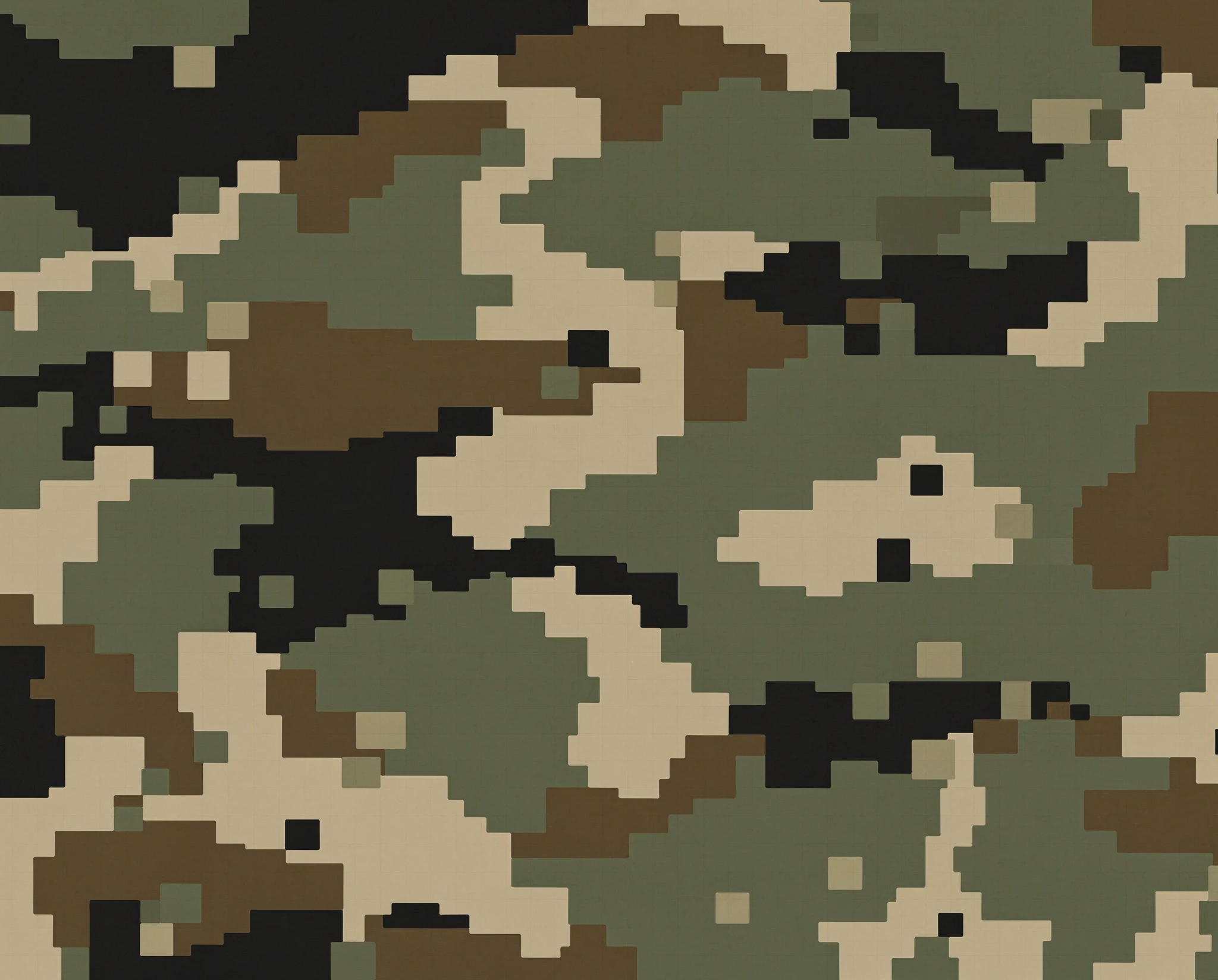 Flat digital woodland camouflage pattern made from olive, khaki, black and brown square pixel blocks — synthographic artwork by davidname.