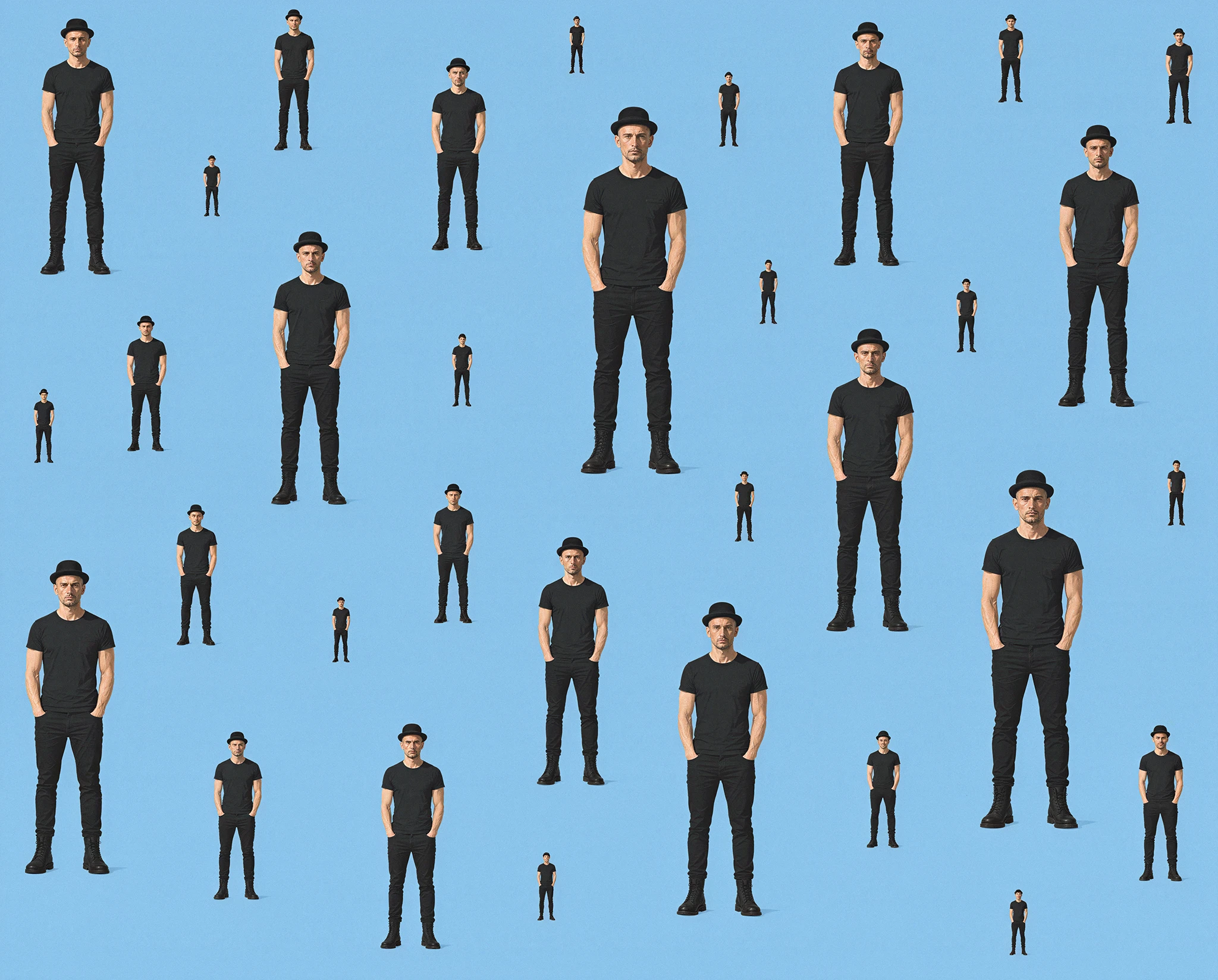 Repeated bowler-hatted man in black clothing falling at different scales across a pale blue field — synthographic artwork by davidname.