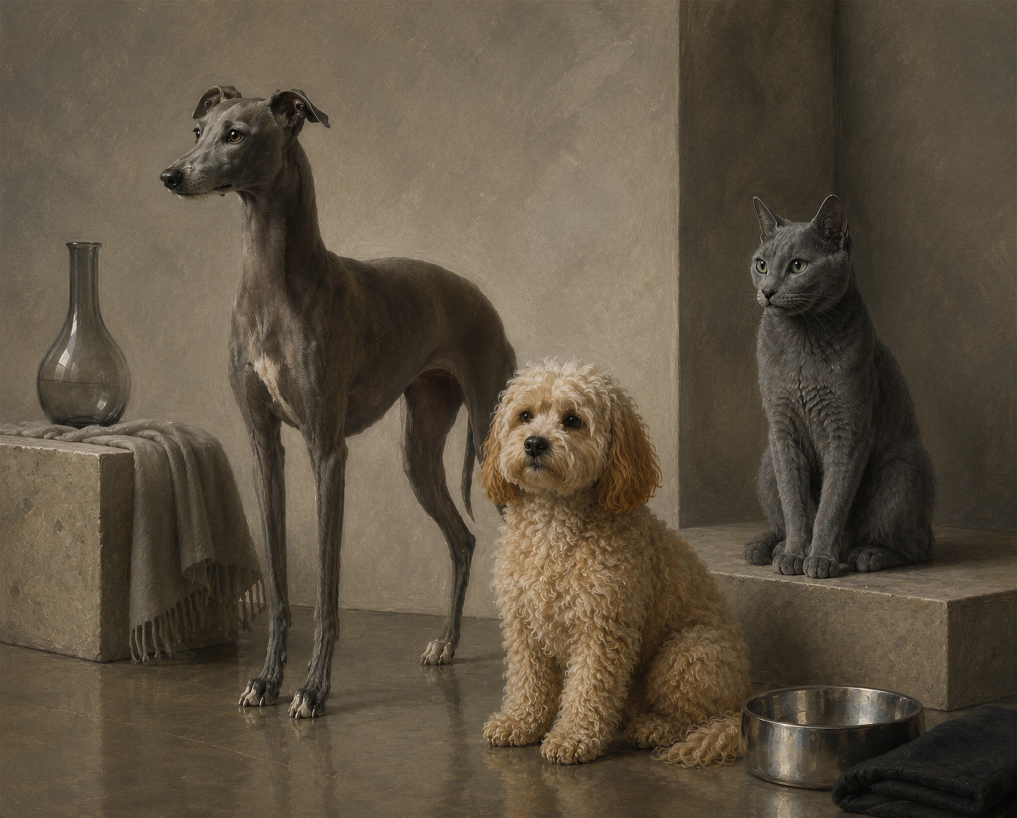 A Cavapoo, Italian Greyhound and Russian Blue cat posed in a restrained contemporary interior with stone plinths, muted plaster walls and painterly light — synthographic artwork by davidname.