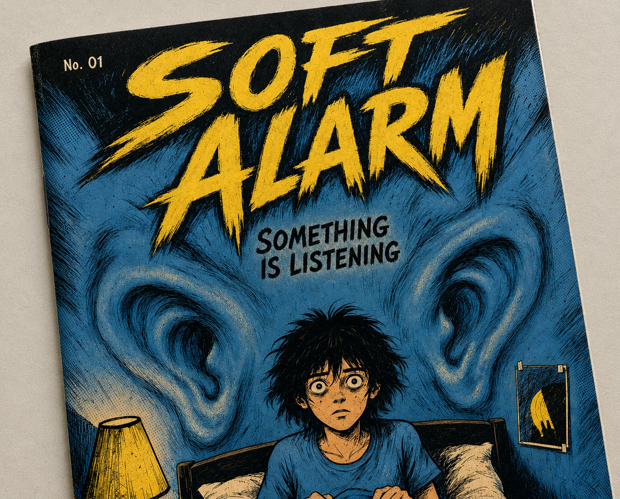 Close-cropped image of a printed comic cover titled Soft Alarm, showing yellow hand-lettering above a wide-eyed figure in bed between two ear-like wall forms — synthographic artwork by davidname.