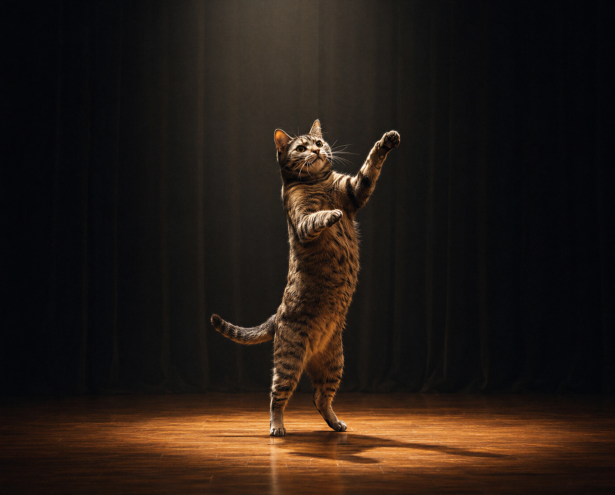 Realistic tabby cat dancing upright on a dark theatre stage beneath a warm spotlight — synthographic artwork by davidname.