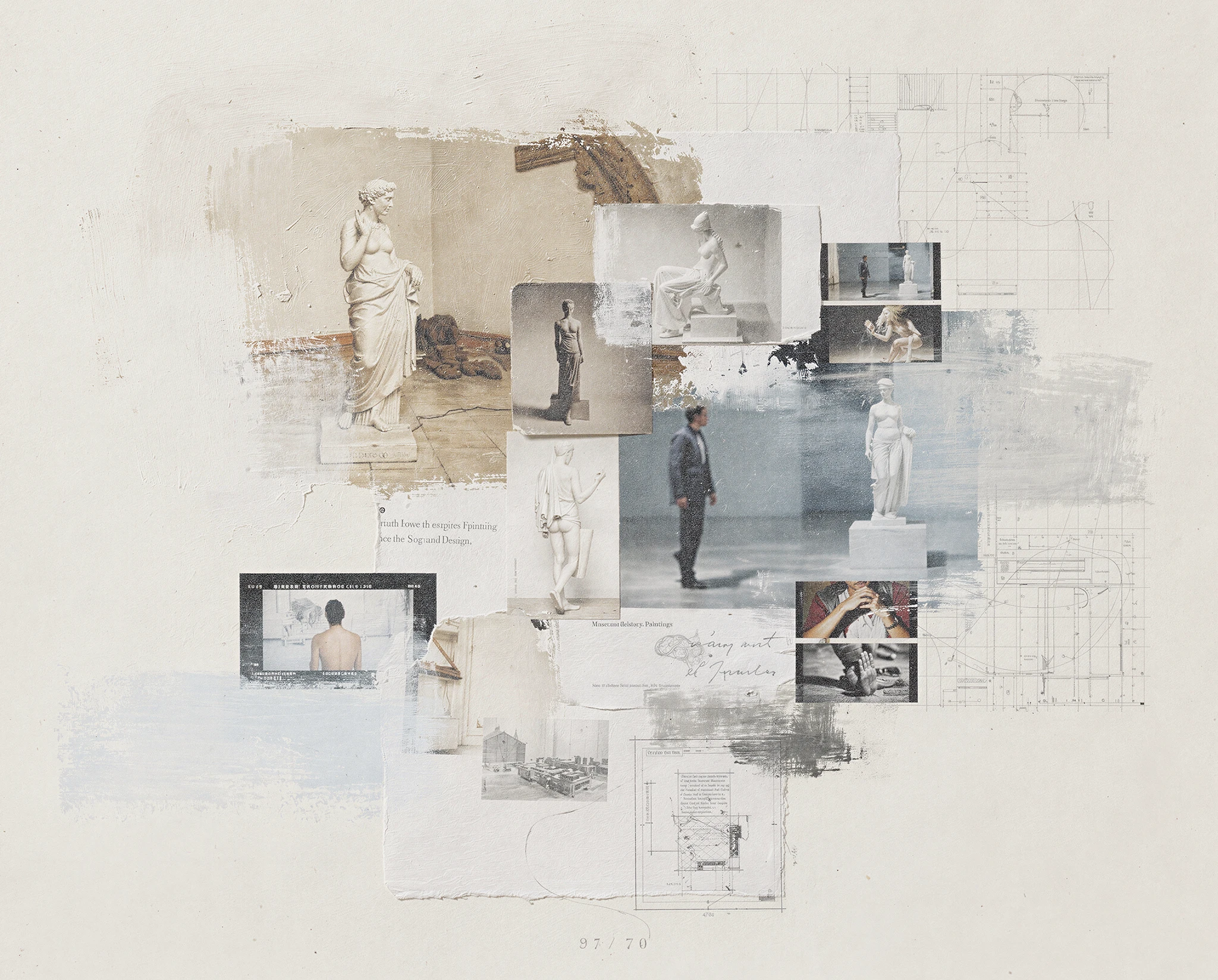 Pale archival collage of statues, photographs, diagrams, brush marks and image fragments arranged like a haunted study wall — synthographic artwork by davidname.