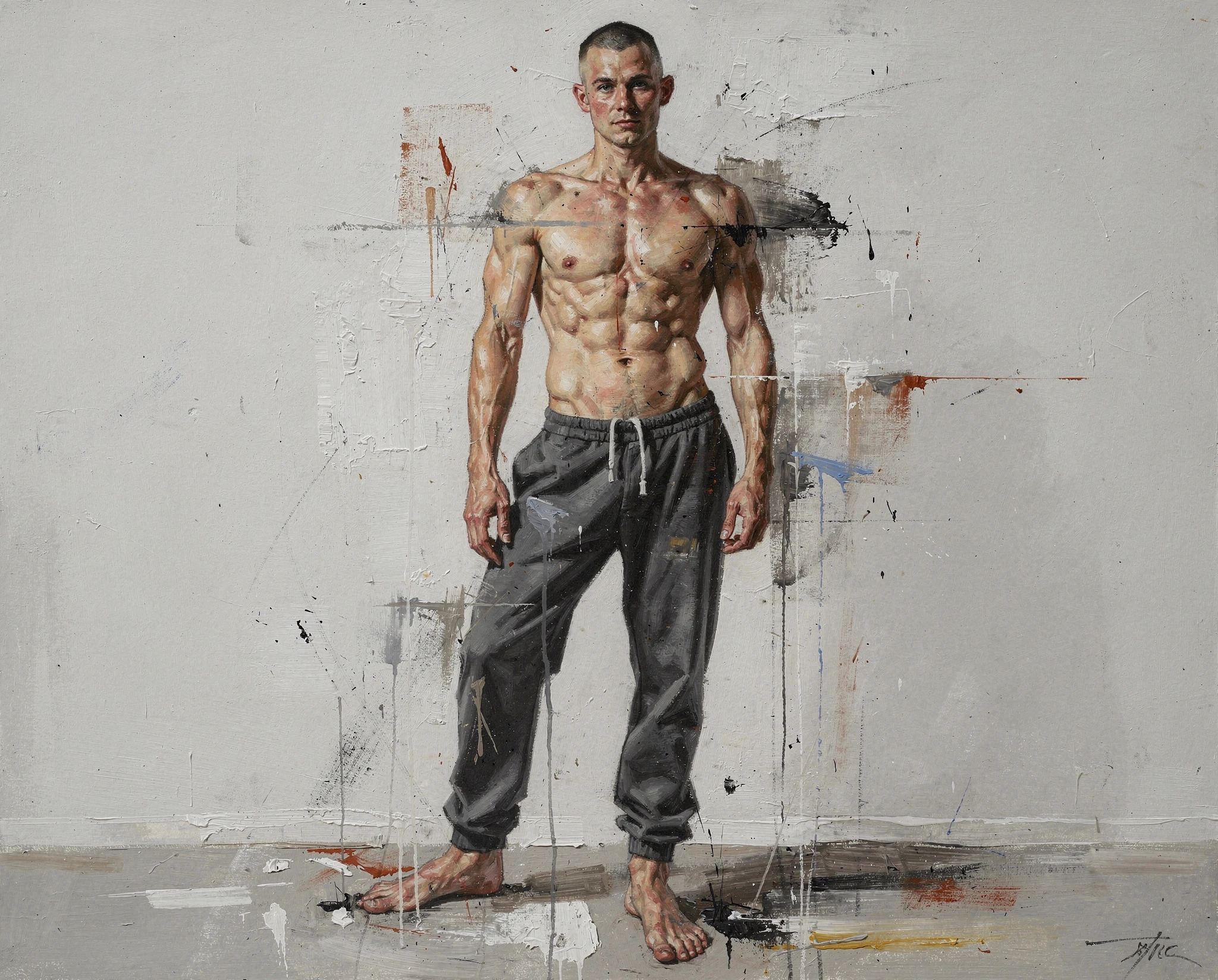 Full-length male figure in grey joggers rendered between studio portrait, drawing and distressed painting — synthographic artwork by davidname.