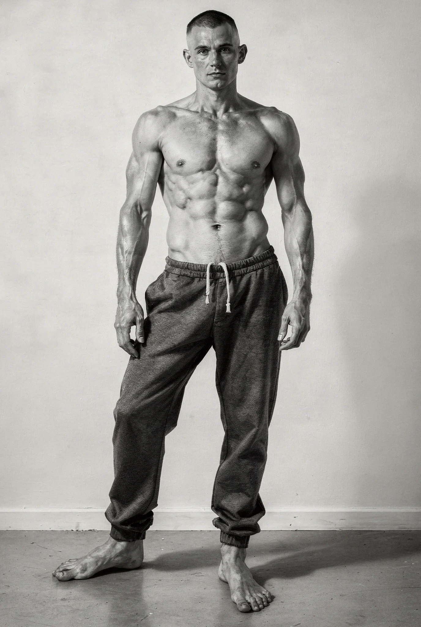 The same male figure rendered as a pale photographic studio study — synthographic artwork by davidname.