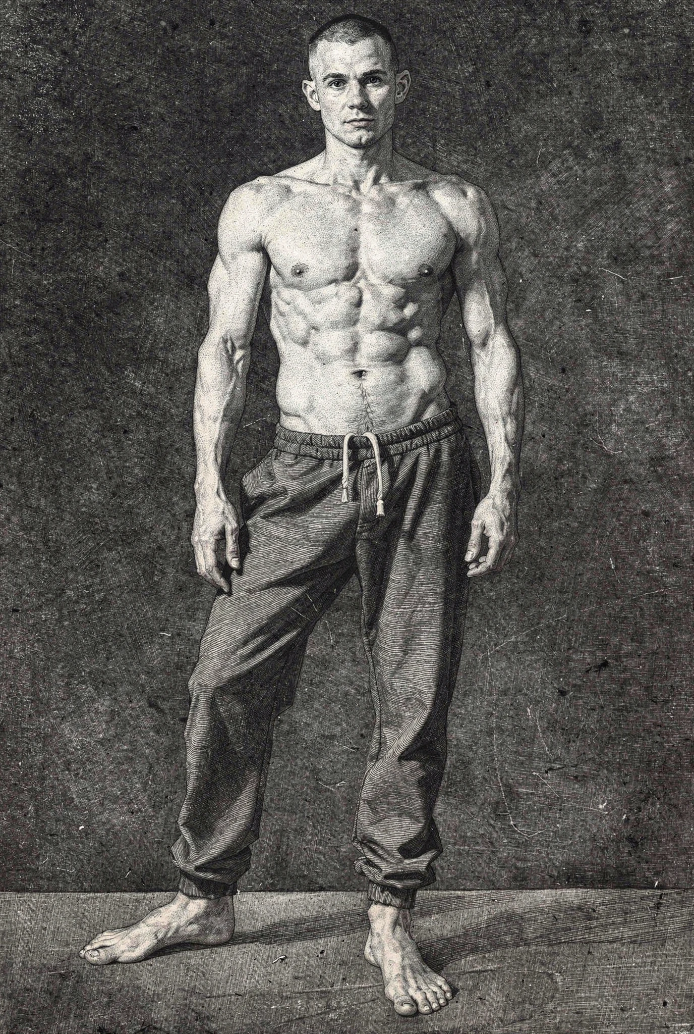 The same male figure rendered as a dark charcoal and print-like study — synthographic artwork by davidname.