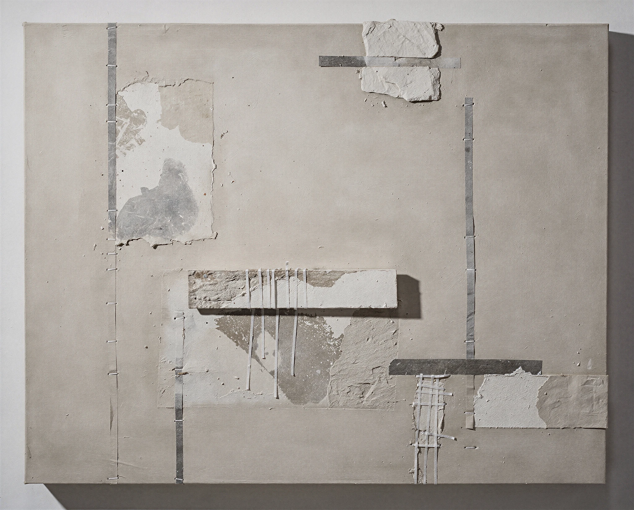 Greige abstract artwork of a weathered grey-beige mixed-media surface with panel divisions, collage-like fragments and restrained graphite markings — synthographic artwork by davidname.