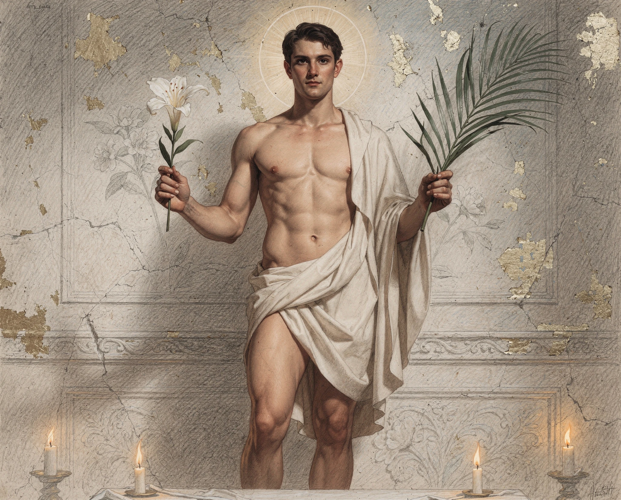 A bare-chested male saint holding a lily and palm frond, draped in white cloth before a cracked fresco wall with gold leaf and candlelight — synthographic artwork by davidname.