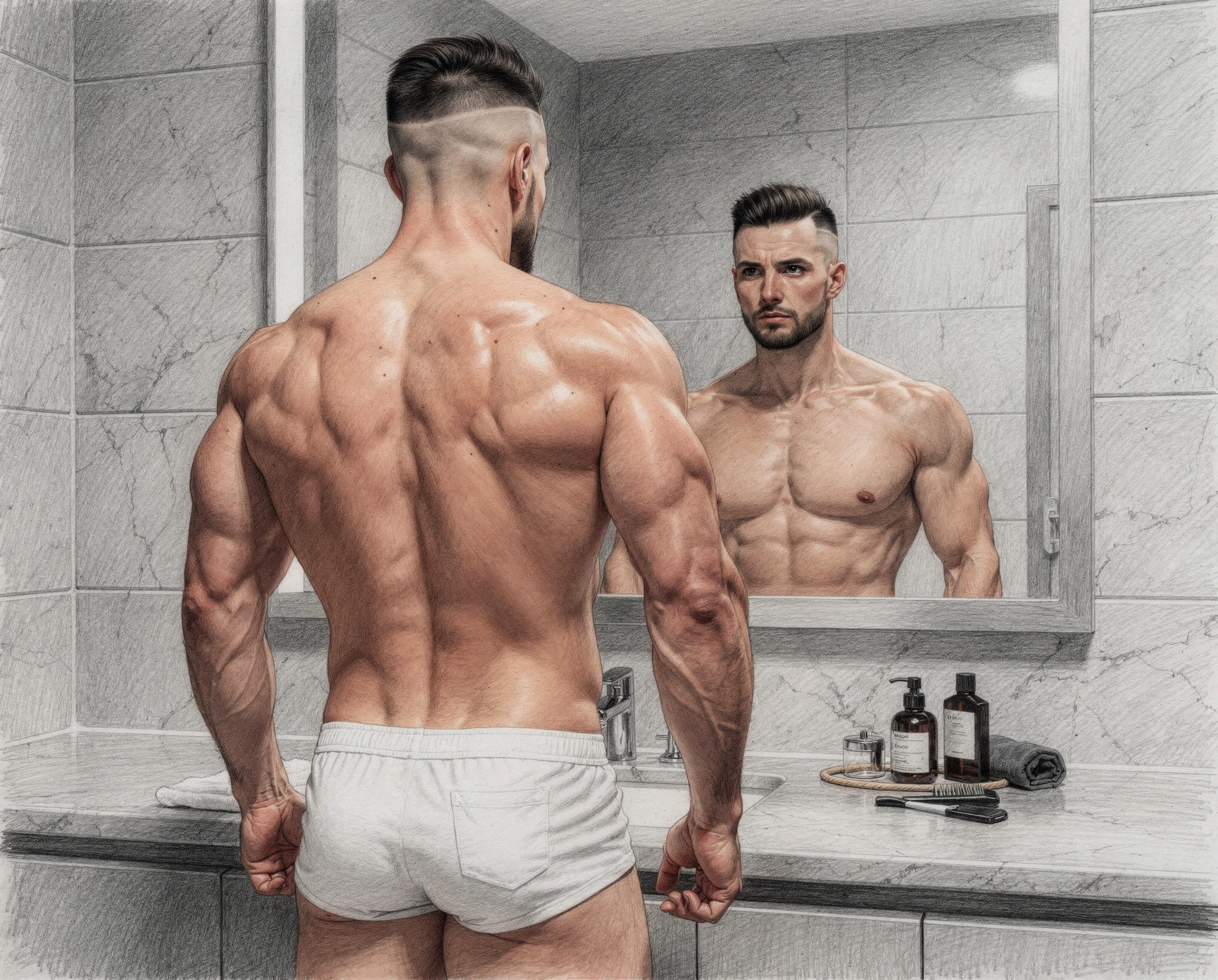 Muscular man in white briefs studying his reflection in a bathroom mirror — synthographic artwork by davidname.
