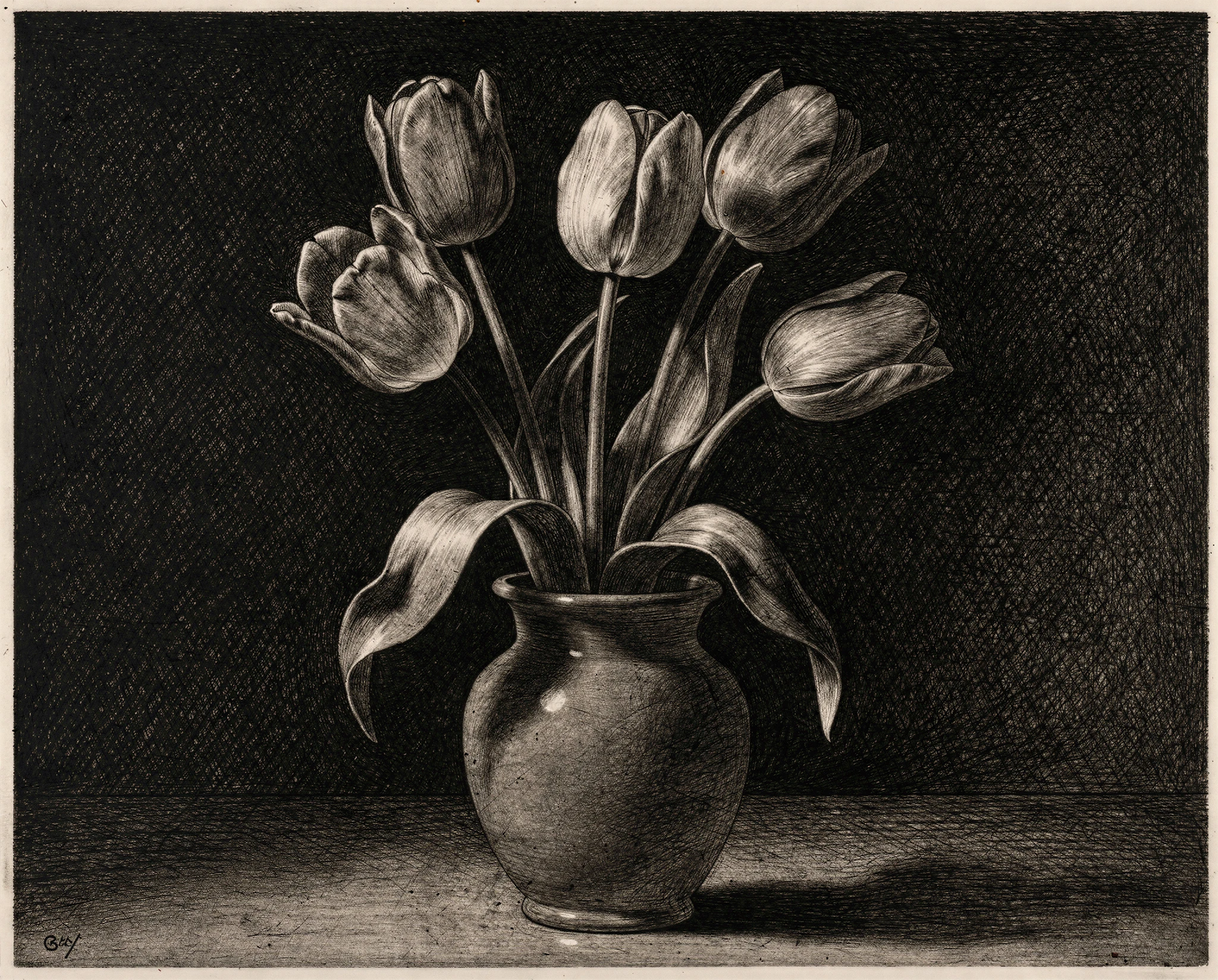 Vase of tulips emerging from darkness in a simulated mezzotint print with velvety blacks and burnished highlights — synthographic artwork by davidname.