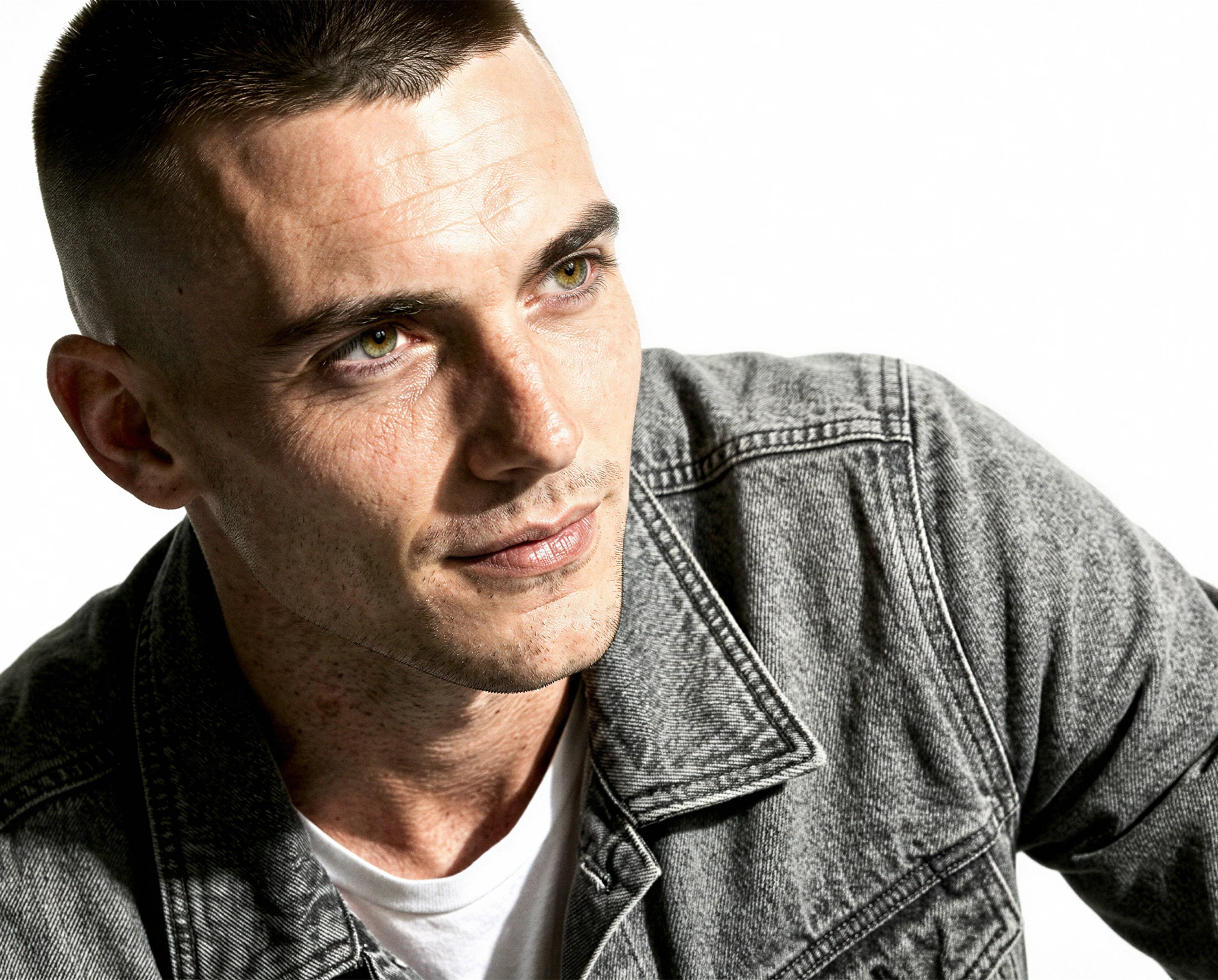 Portrait of an AI-generated male model with a short buzzcut wearing a white T-shirt and grey denim jacket — synthographic artwork by davidname.