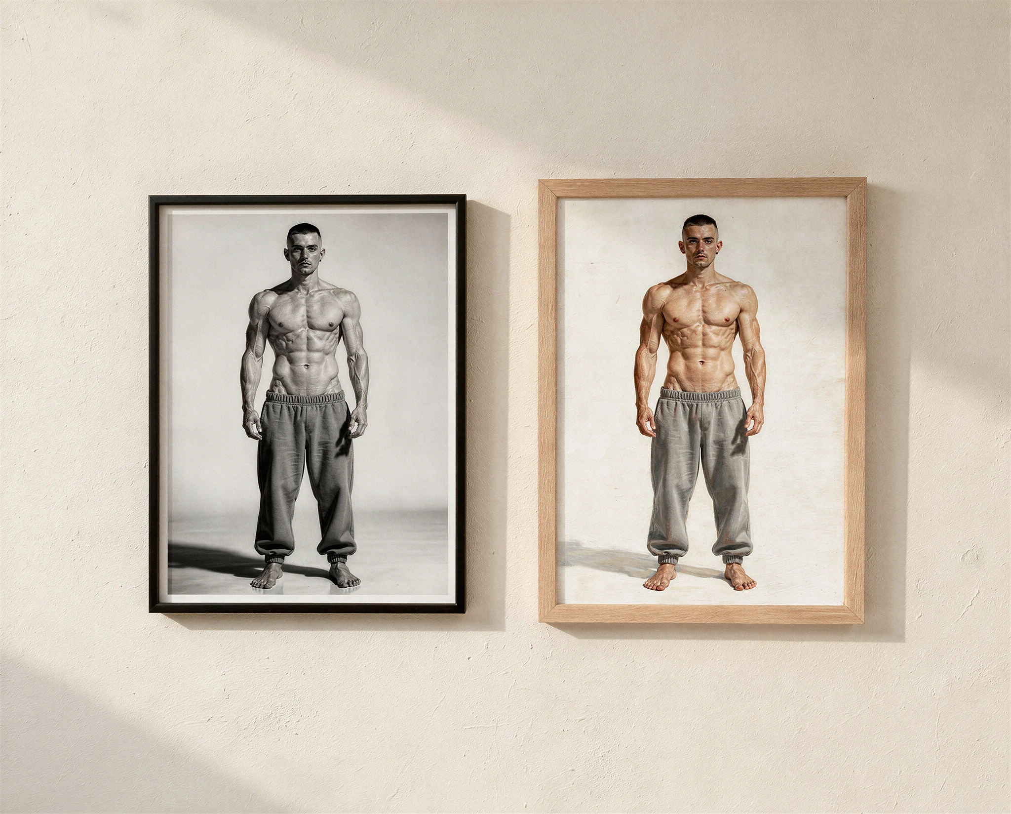 Two framed portraits of the same shirtless muscular man in grey joggers hang side by side on a pale wall, one in black and white and one in colour — synthographic artwork by davidname.