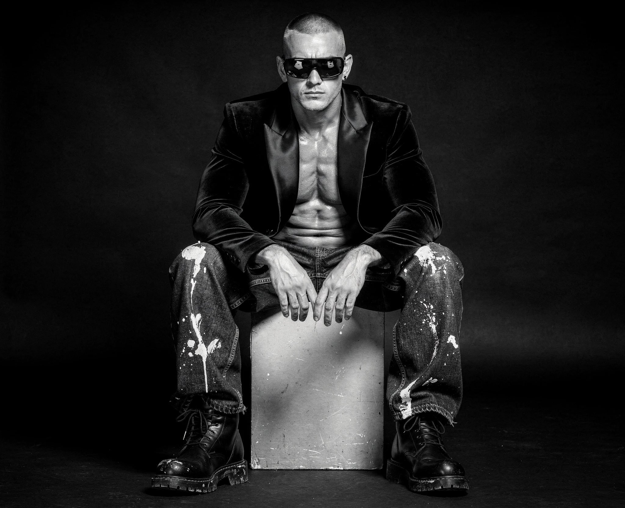 AI-generated male model wearing black velvet and paint-splashed denim — synthographic artwork by davidname.