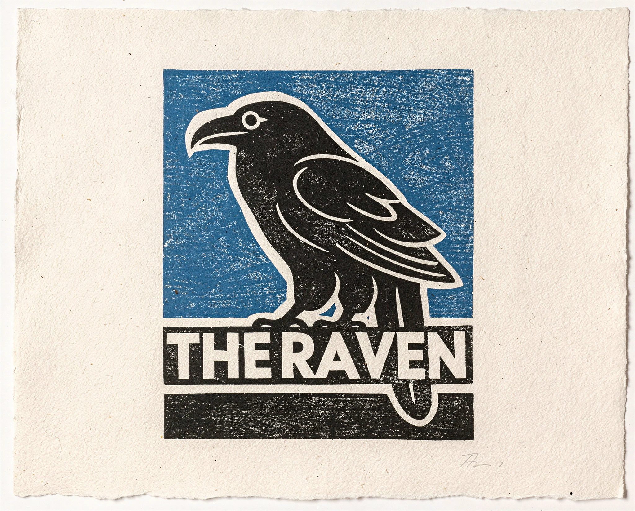 The Raven, a simulated hand-pulled relief poster showing a black raven over a blue ink field with bold printed typography — synthographic artwork by davidname.