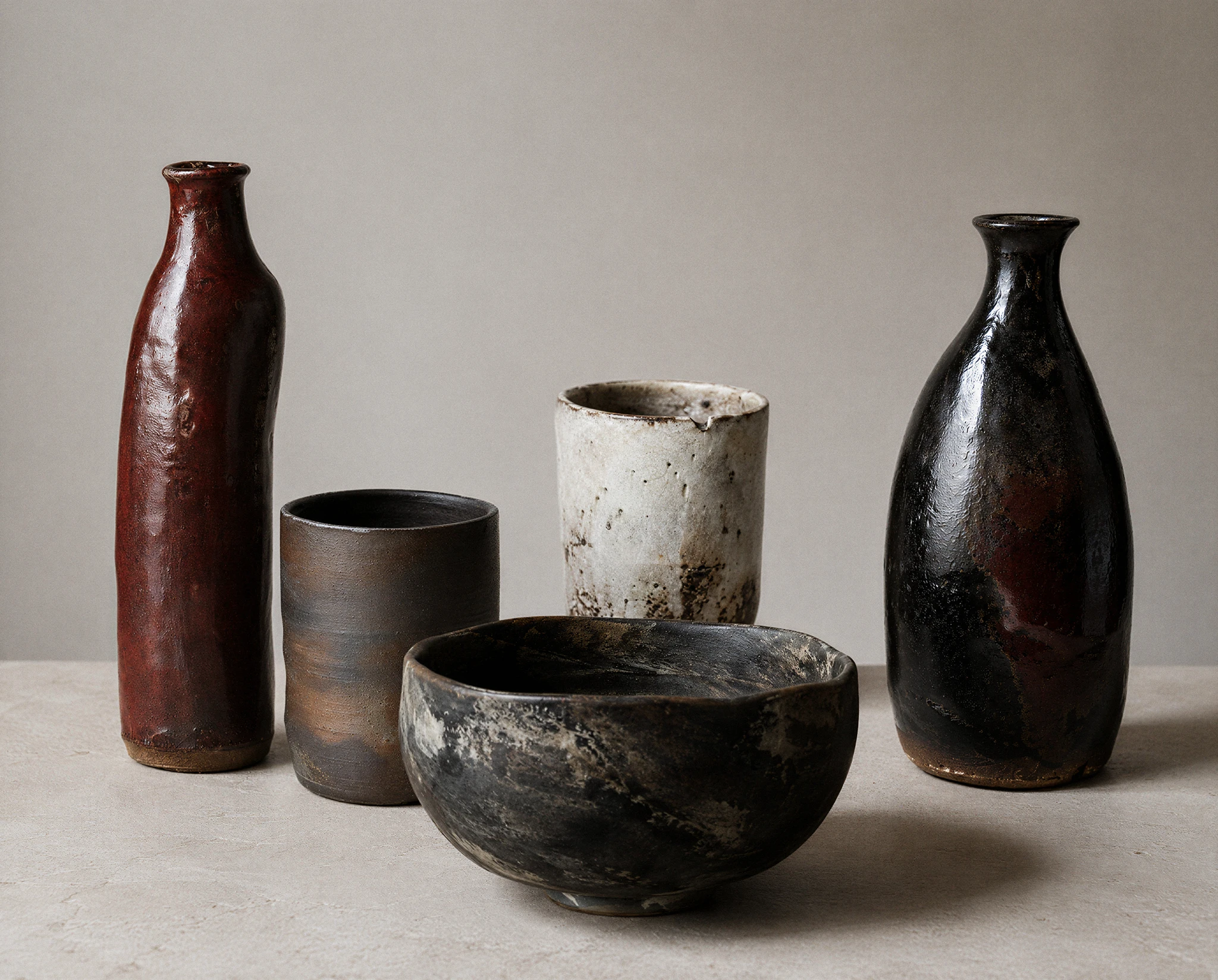 Five handmade wabi-sabi ceramic vessels arranged on a pale stone surface, including oxblood bottles, dark ash bowl and worn white-slip cup — synthographic artwork by davidname.