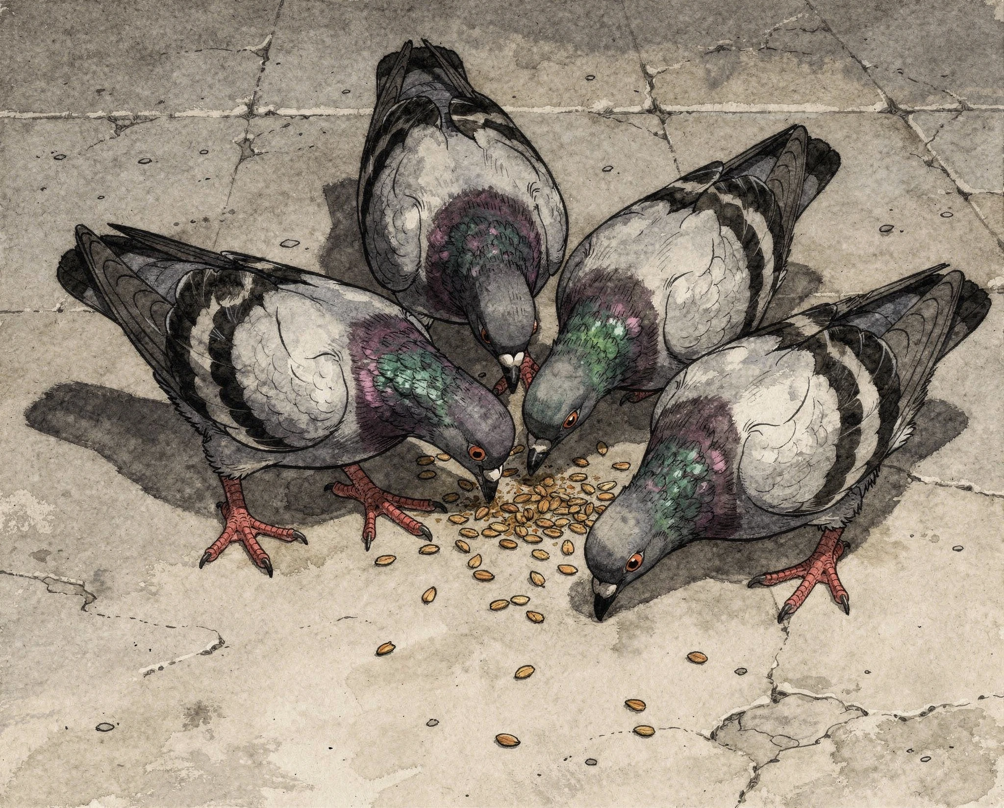 Simulated ink-wash drawing of four urban pigeons pecking at scattered seed — synthographic artwork by davidname.