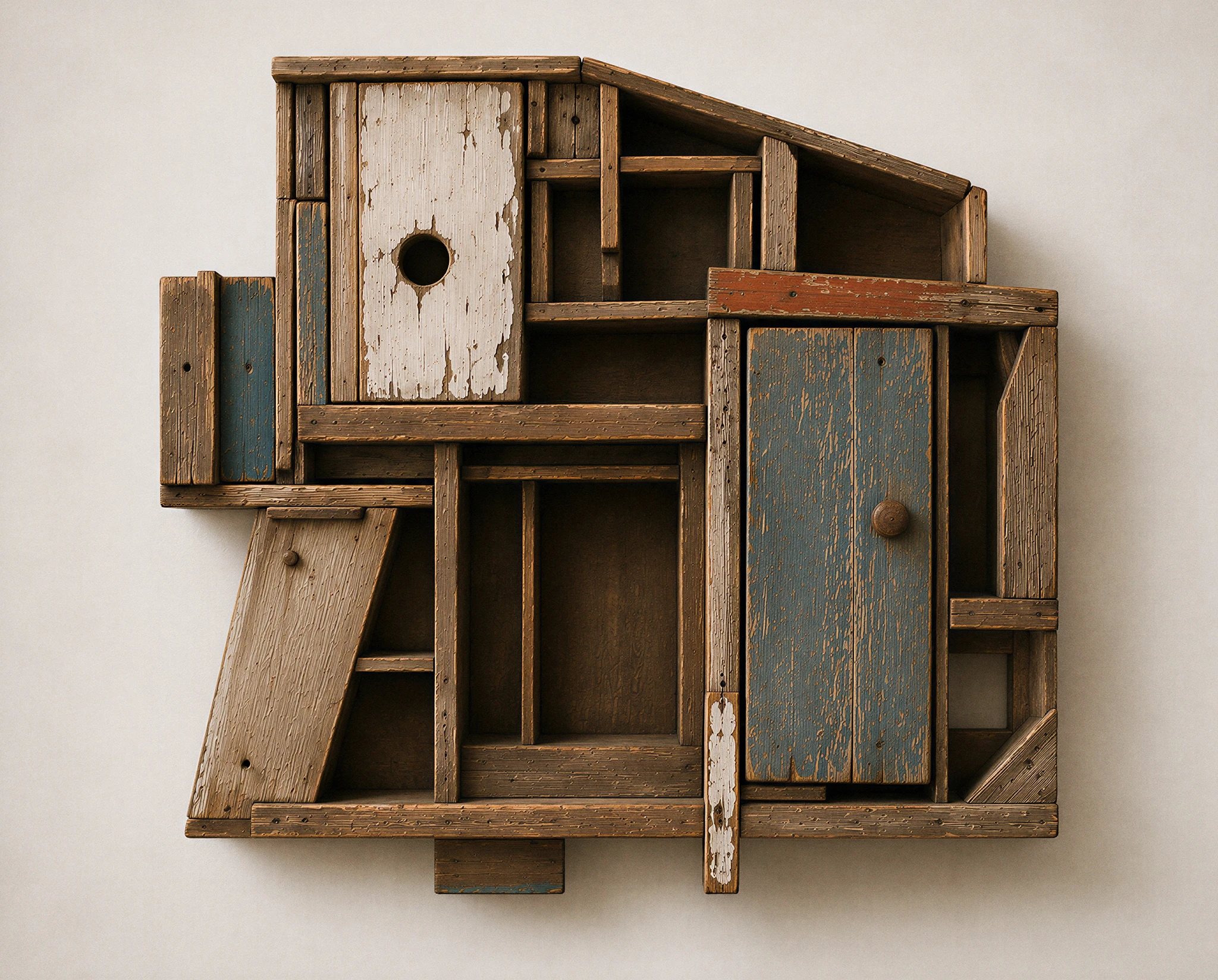 Hallucinated reclaimed-wood cabinet-object with unstable construction - synthographic artwork by davidname.
