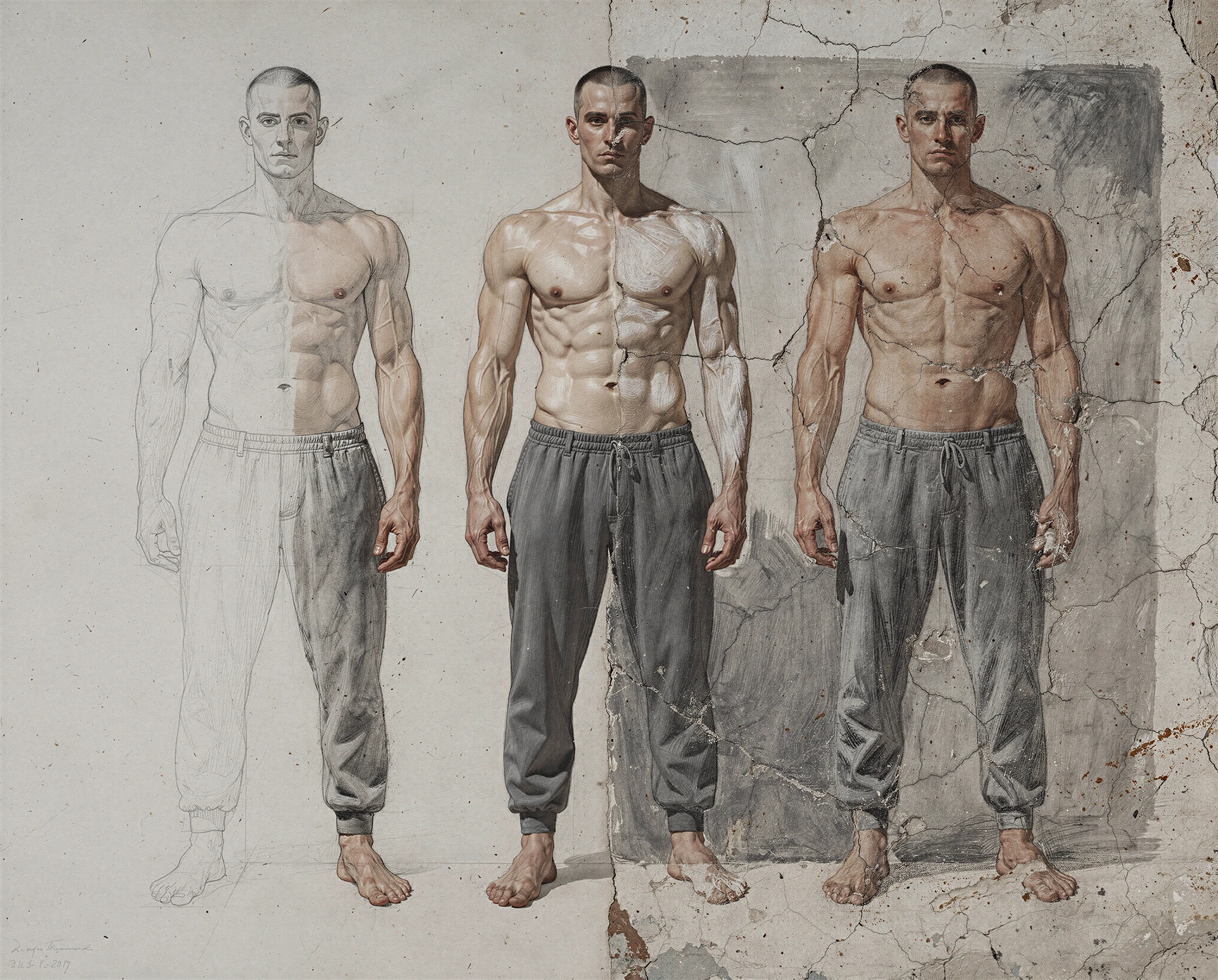 The same shirtless male figure repeated in three visual variants, shifting from line drawing to painterly realism and fresco-like surface — synthographic artwork by davidname.